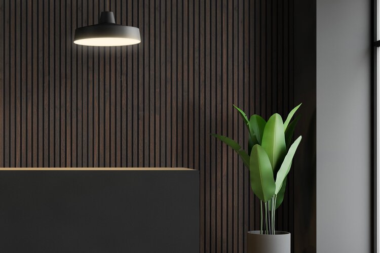 Charcoal Nord Slat Wall Panel Behind Hanging Light and Houseplant